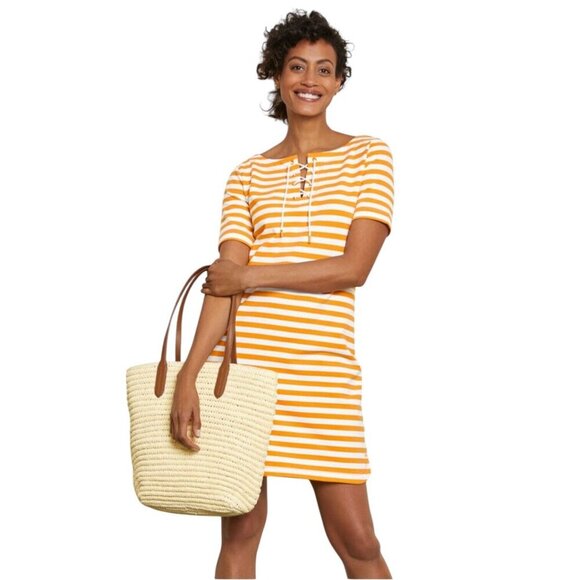 T by Talbots Lace Up Dress Size Large Yellow Ace Stripe Vacation Preppy Nautical - Picture 1 of 10